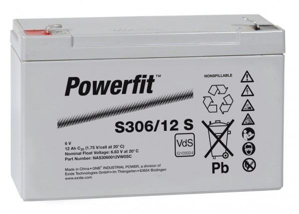 Exide Powerfit S306/12 S 6V 12Ah dryfit lead acid battery AGM with VdS