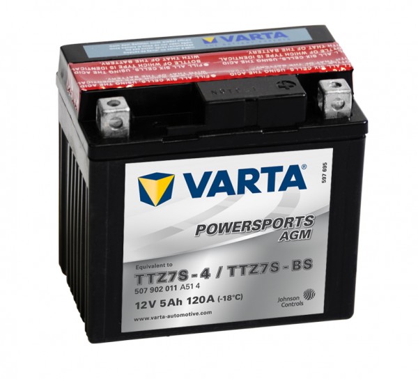 Varta Powersports AGM TTZ7S-4 Motorcycle Battery YTZ7S-BS 507902011 12V 5Ah 120A