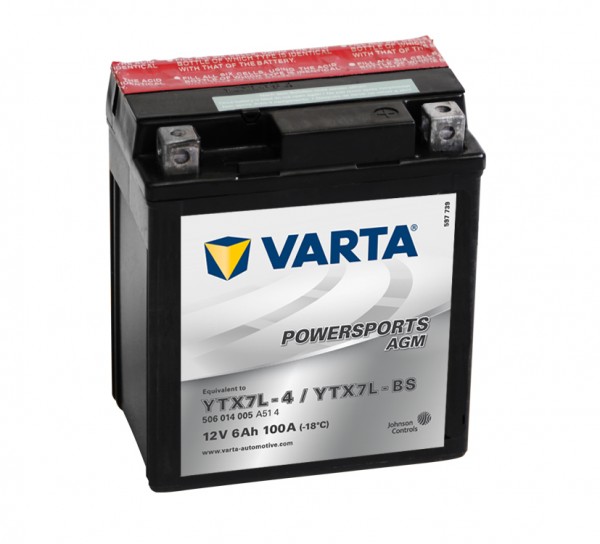 Varta Powersports AGM YTX7L-4 Motorcycle Battery YTX7L-BS 506014005 12V 6Ah 100A