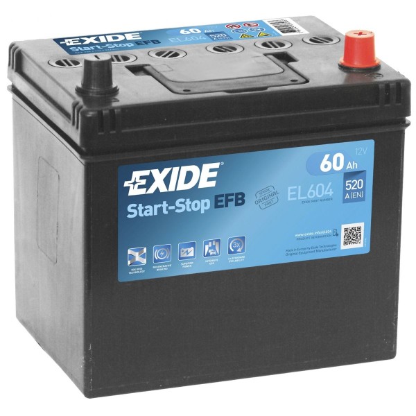 Exide Batería EXIDE Start-Stop EFB EL604 12V 60Ah 520A Similar Varta N65 Tudor TL604 