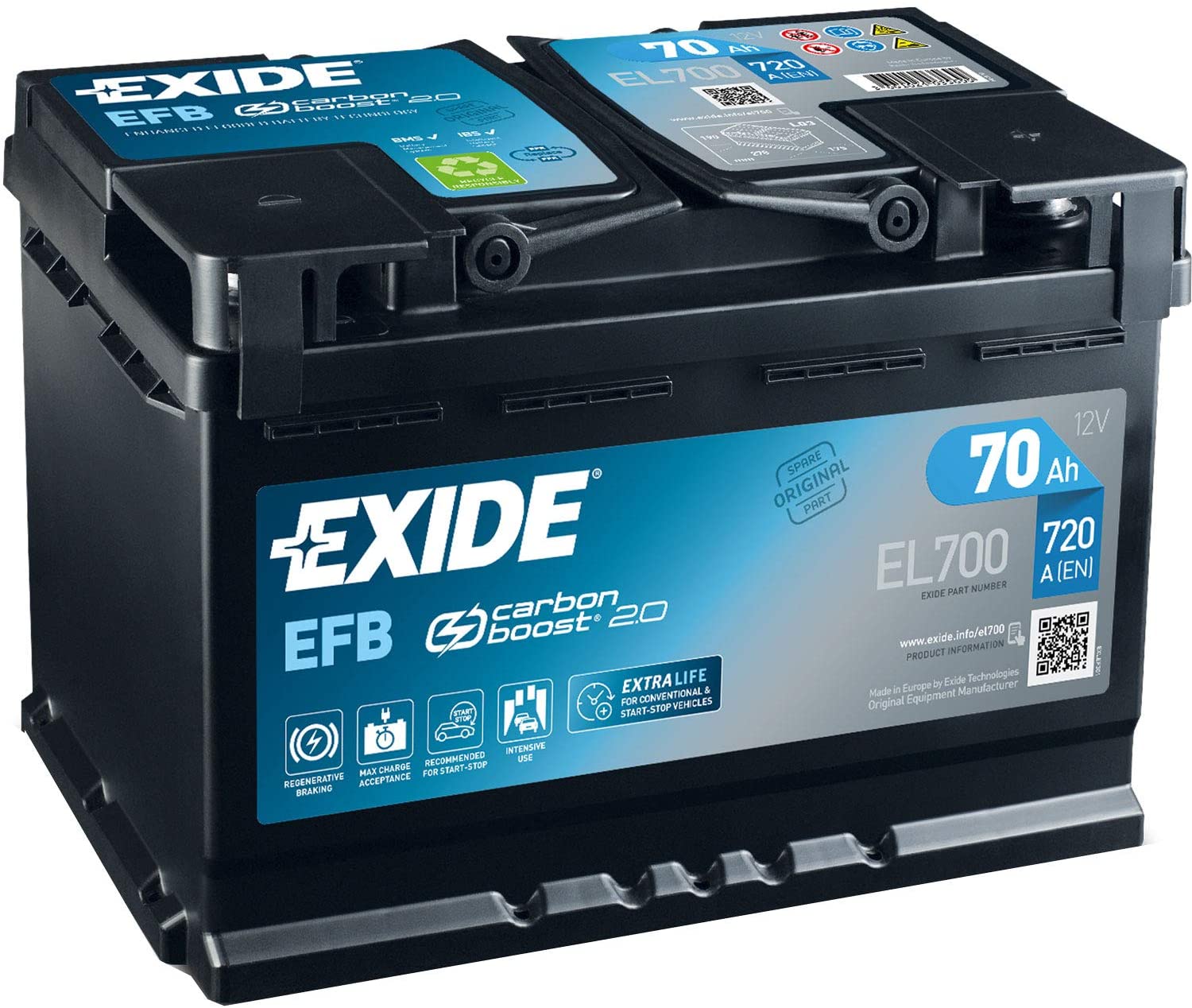 EXIDE EL700 096 EFB Stop / Start Car Battery 12V 70AH 720CCA, Lead-Acid  Batteries, Batteries by Type